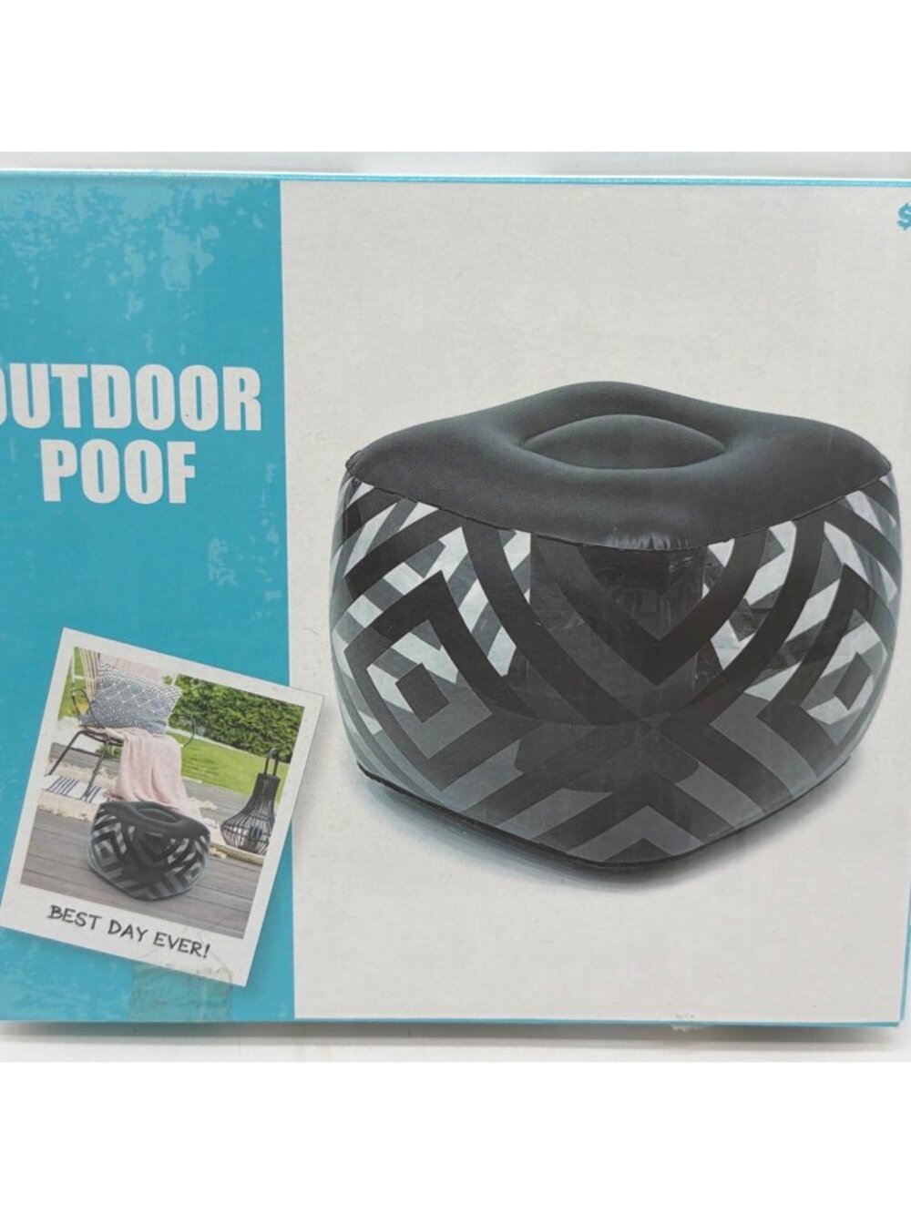 Outdoor Poof Inflatable Seat Black & White Geometric Pattern 20.8"x20.8"x15.3" 1